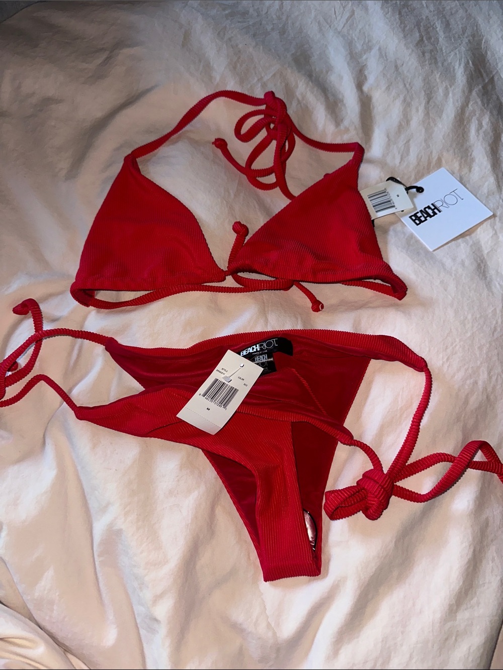 Beach Riot Red Ribbed String Bikini Set